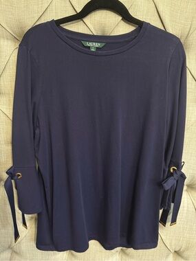 Ralph Lauren Navy Long-Sleeve Crewneck Top with Tie-Sleeve Detail